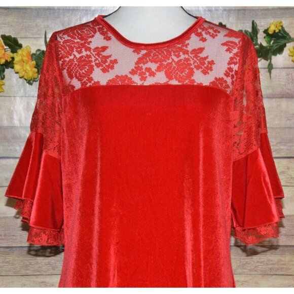 C.O.C. Red Velvet Midi Sheath Dress Plus Size 3X Floral Lace Short Bell Sleeve - Picture 2 of 11